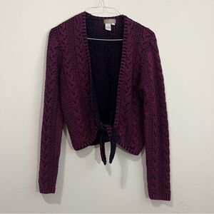 Vtg Territory Ahead Sweater Cardigan Cable Knit M Purple Tie Front Cropped Y2K